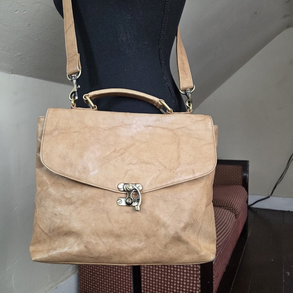 Bolla Genuine Leather Satchel Crossbody Tan Distressed VTG Style Brass Hardware - Picture 2 of 16
